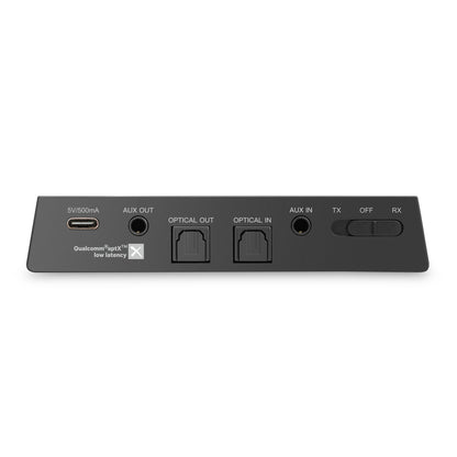 Nikabe Bluetooth 5.0 HiFi musikmodtager bagfra med port til 5V strøm, AUX, optisk ind/ud, TX/OFF/RX-knap og aptX-logo.