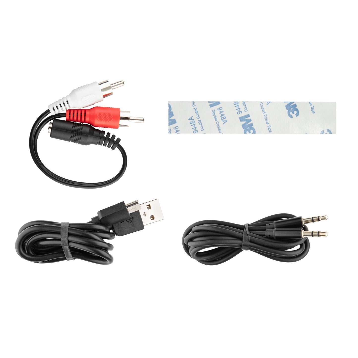 Bluetooth 5.0 HiFi musikmodtager sort med sort RCA lydkabel, USB-kabel, 3,5mm aux-kabel og 3M klæbestrimmel.