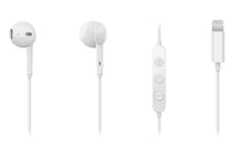 Linocell Lightning Headset Hvid øretelefoner med in-line fjernbetjening, volumen/play-knapper og MFi-certificeret Lightning-stik.