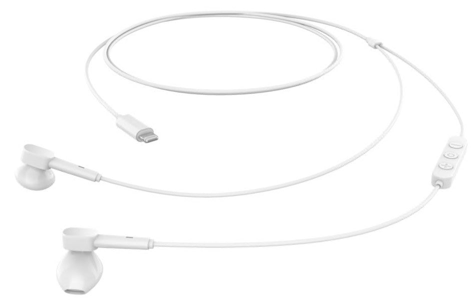 Linocell Lightning Headset Hvid, hvide in-ear høretelefoner med inline kontrol, USB-C stik, MFi-certificeret til iPhone.