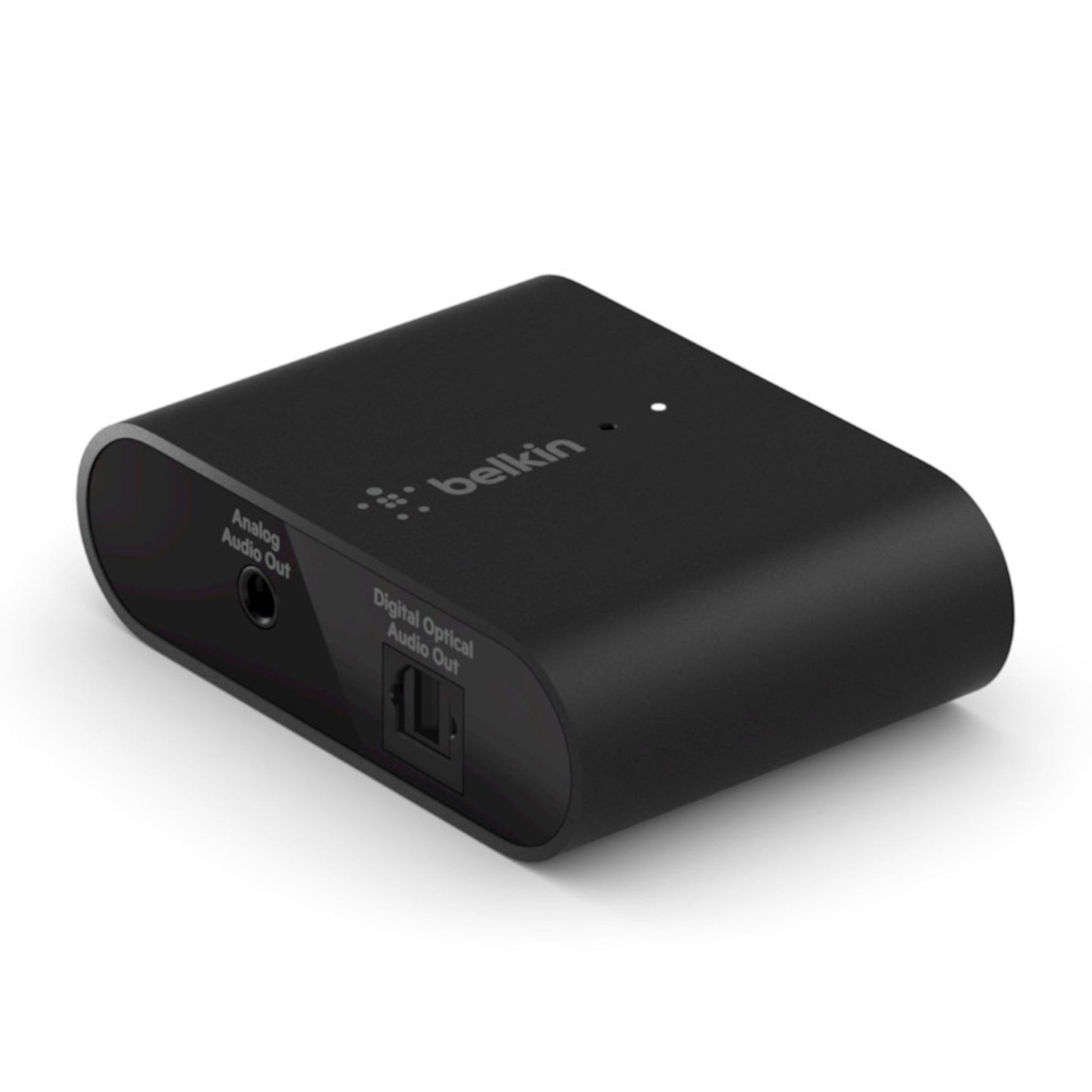 Belkin Airplay 2-adapter sort, analog og digital optisk udgang, top LED-indikator, rund kompakt form, Belkin-logo.