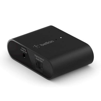 Belkin Airplay 2-adapter sort, analog og digital optisk udgang, top LED-indikator, rund kompakt form, Belkin-logo.