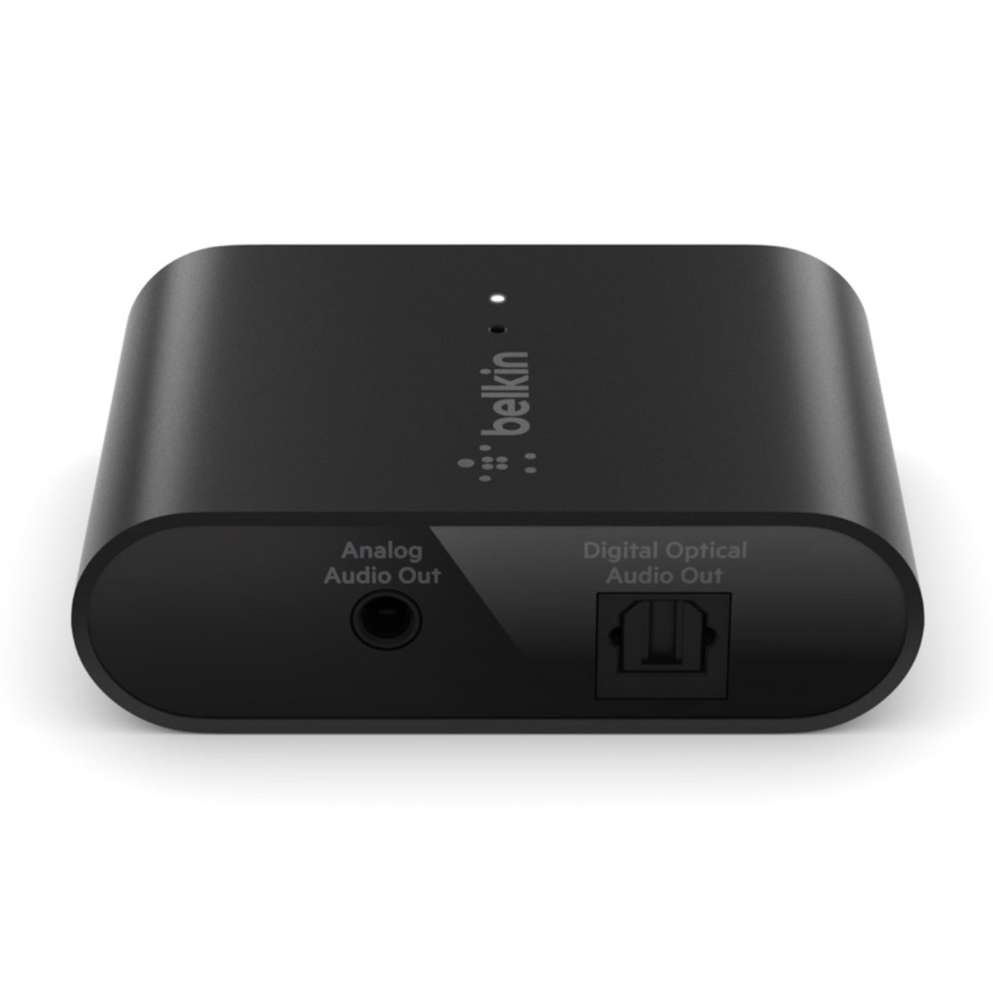 Belkin Airplay 2-adapter sort, analog lydudgang (3,5 mm), digital optisk udgang front, multirum, Belkin-logo på top.