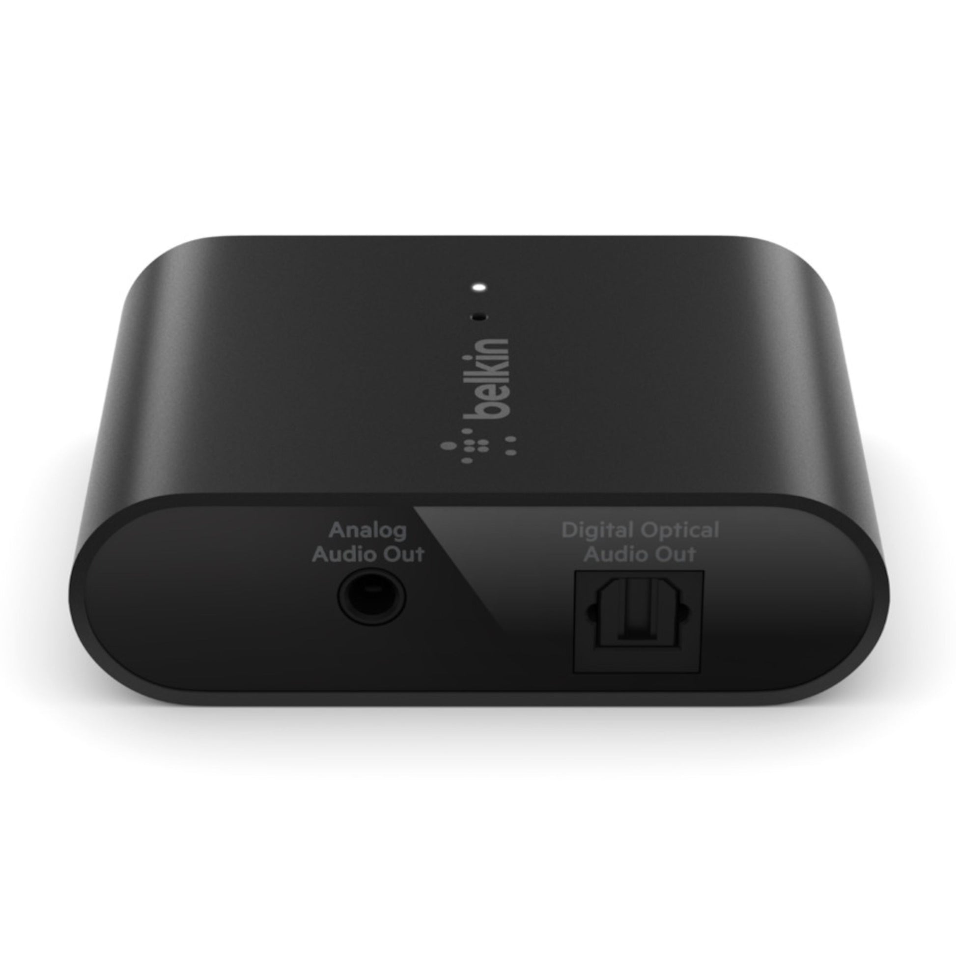 Belkin Airplay 2-adapter sort, analog lydudgang (3,5 mm), digital optisk udgang front, multirum, Belkin-logo på top.