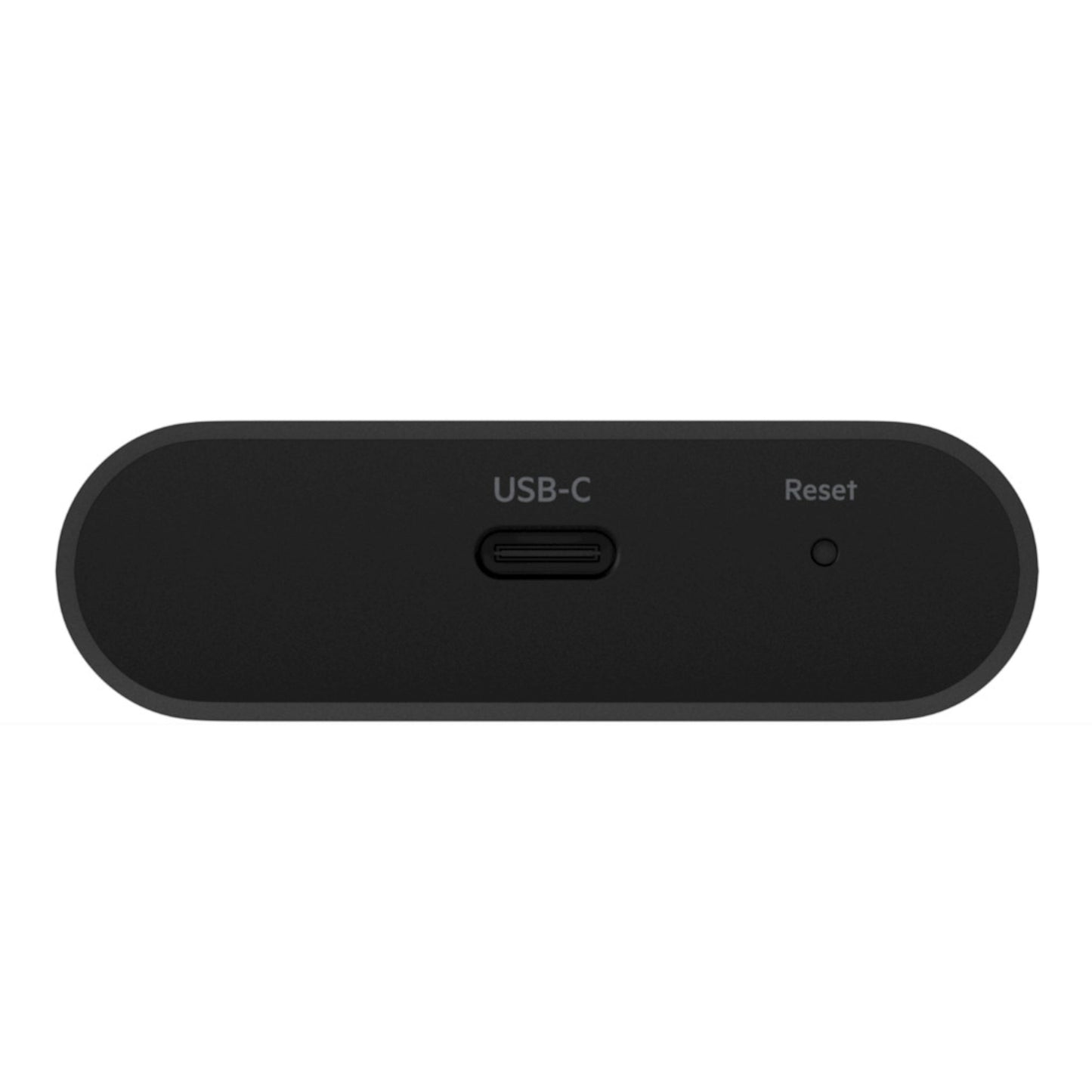 Belkin Airplay 2-adapter sort, central USB-C-port med "USB-C"-mærke, lille "Reset"-knap til højre.