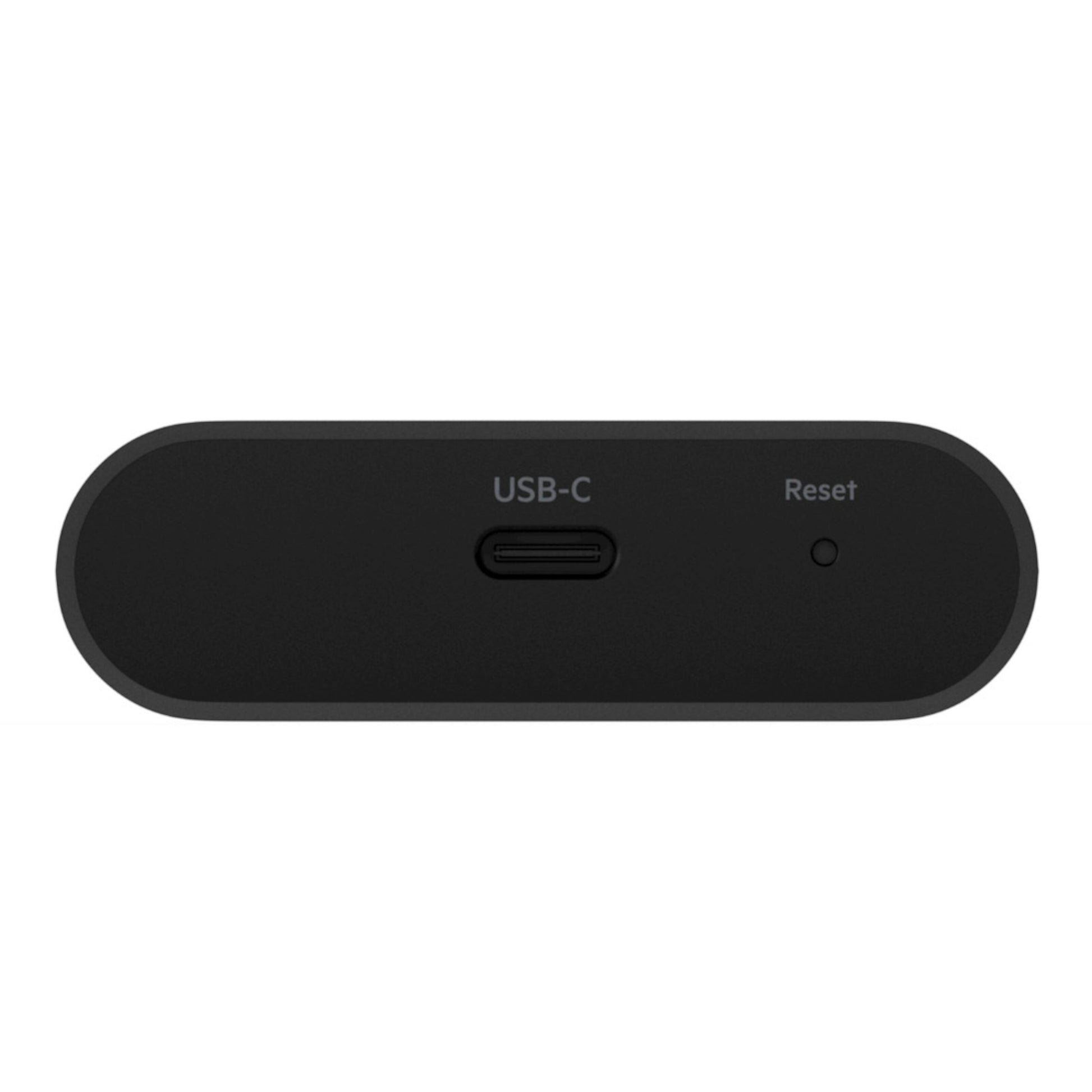 Belkin Airplay 2-adapter sort, central USB-C-port med "USB-C"-mærke, lille "Reset"-knap til højre.