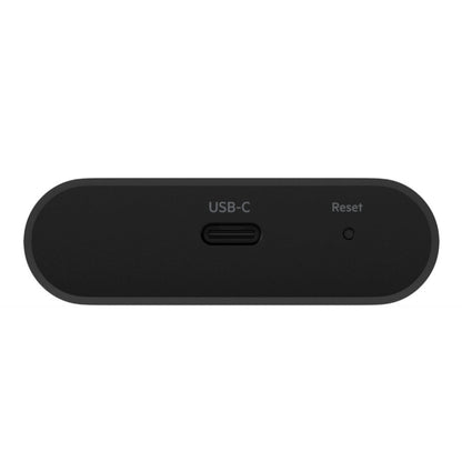 Belkin Airplay 2-adapter sort, central USB-C-port med "USB-C"-mærke, lille "Reset"-knap til højre.