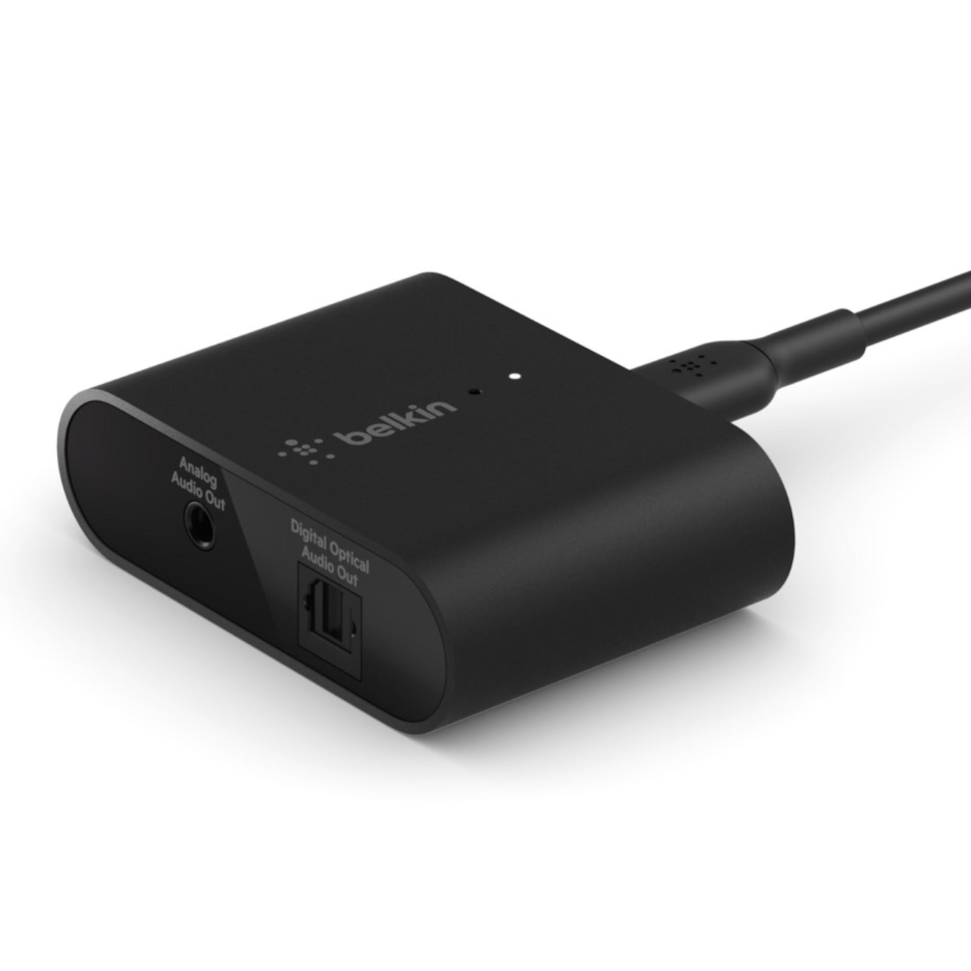 Belkin Airplay 2-adapter sort med Analog og Digital Optical Audio Out, top indikatorlys og tilsluttet kabel.