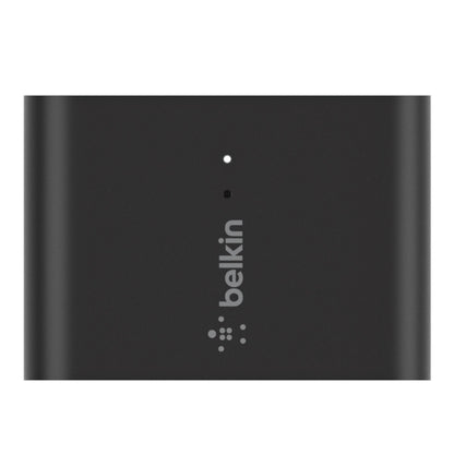 Belkin Airplay 2-adapter sort med LED-indikator over hvidt Belkin-logo til trådløs lydstreaming.