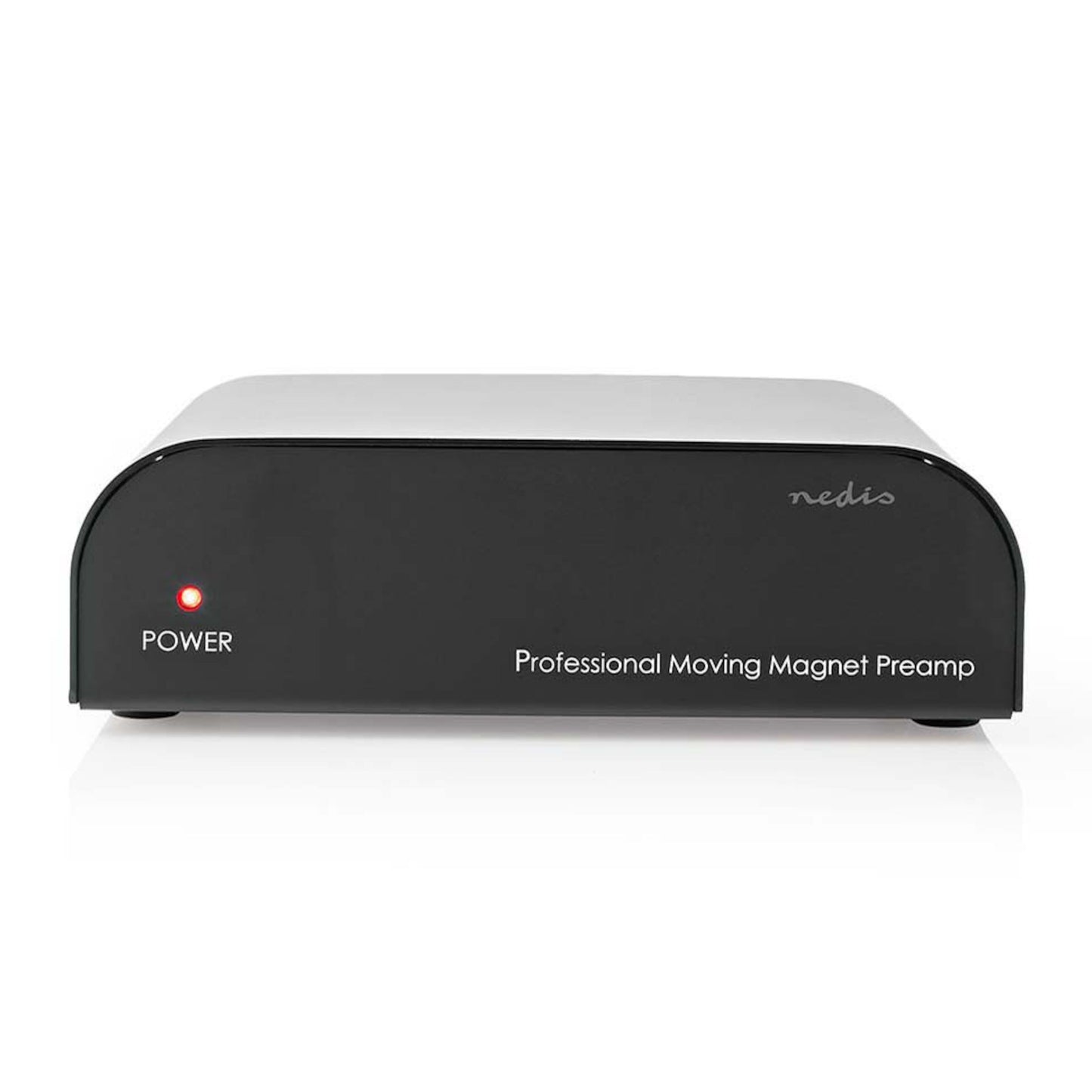 Nedis Riaa-forstærker sort, front med rød powerlampe, "POWER" og "Professional Moving Magnet Preamp" på panelet.