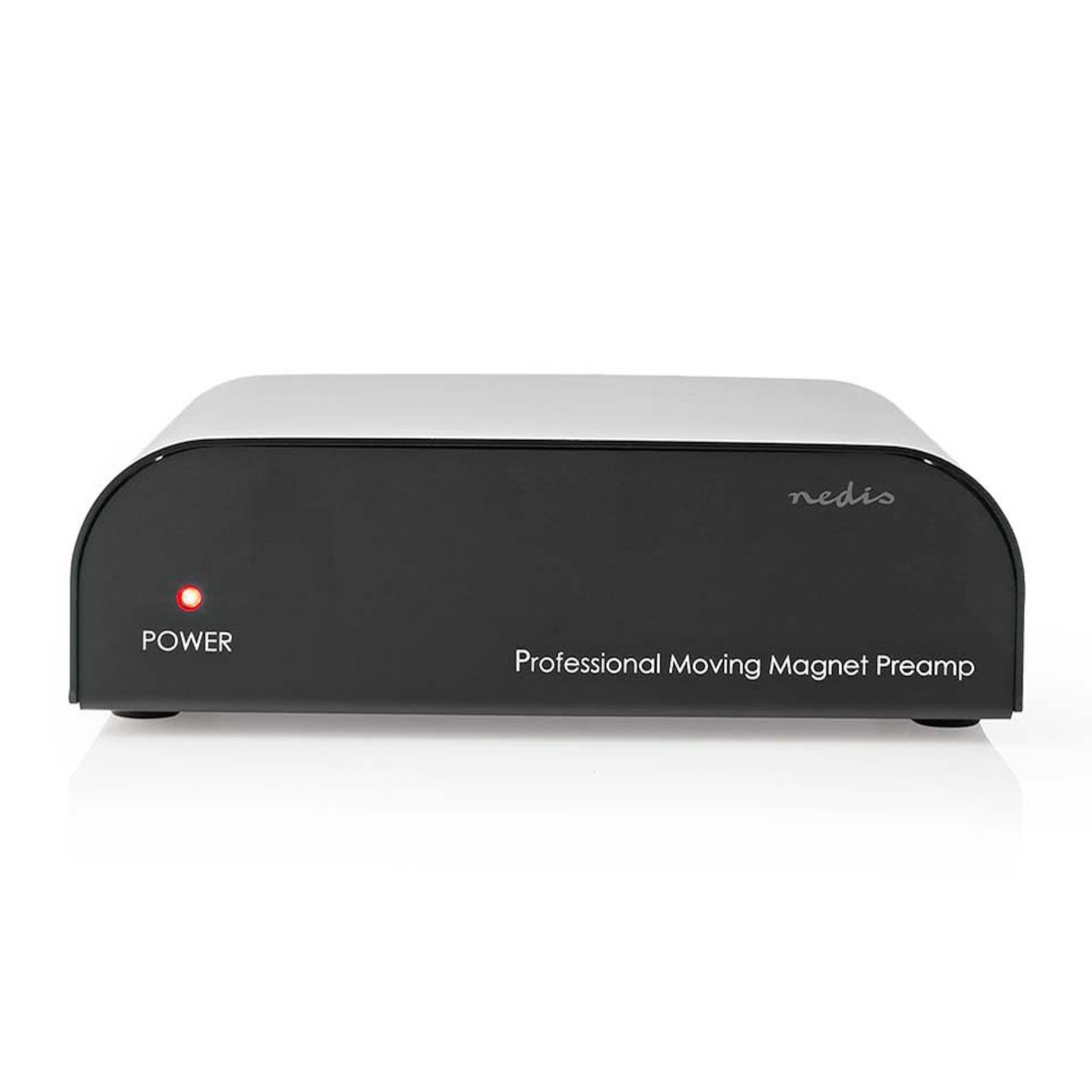 Nedis Riaa-forstærker sort, front med rød powerlampe, "POWER" og "Professional Moving Magnet Preamp" på panelet.