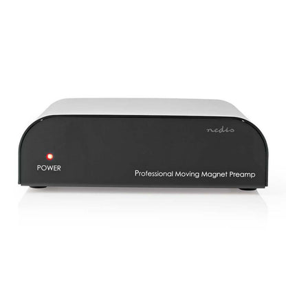 Nedis Riaa-forstærker sort, front med rød powerlampe, "POWER" og "Professional Moving Magnet Preamp" på panelet.