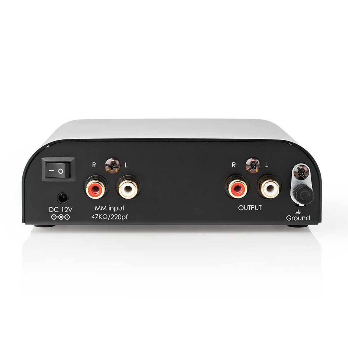 Nedis Riaa-forstærker sort med tænd/sluk-knap, DC 12V indgang, MM RCA L/R ind/udgange og jordskrueterminal.