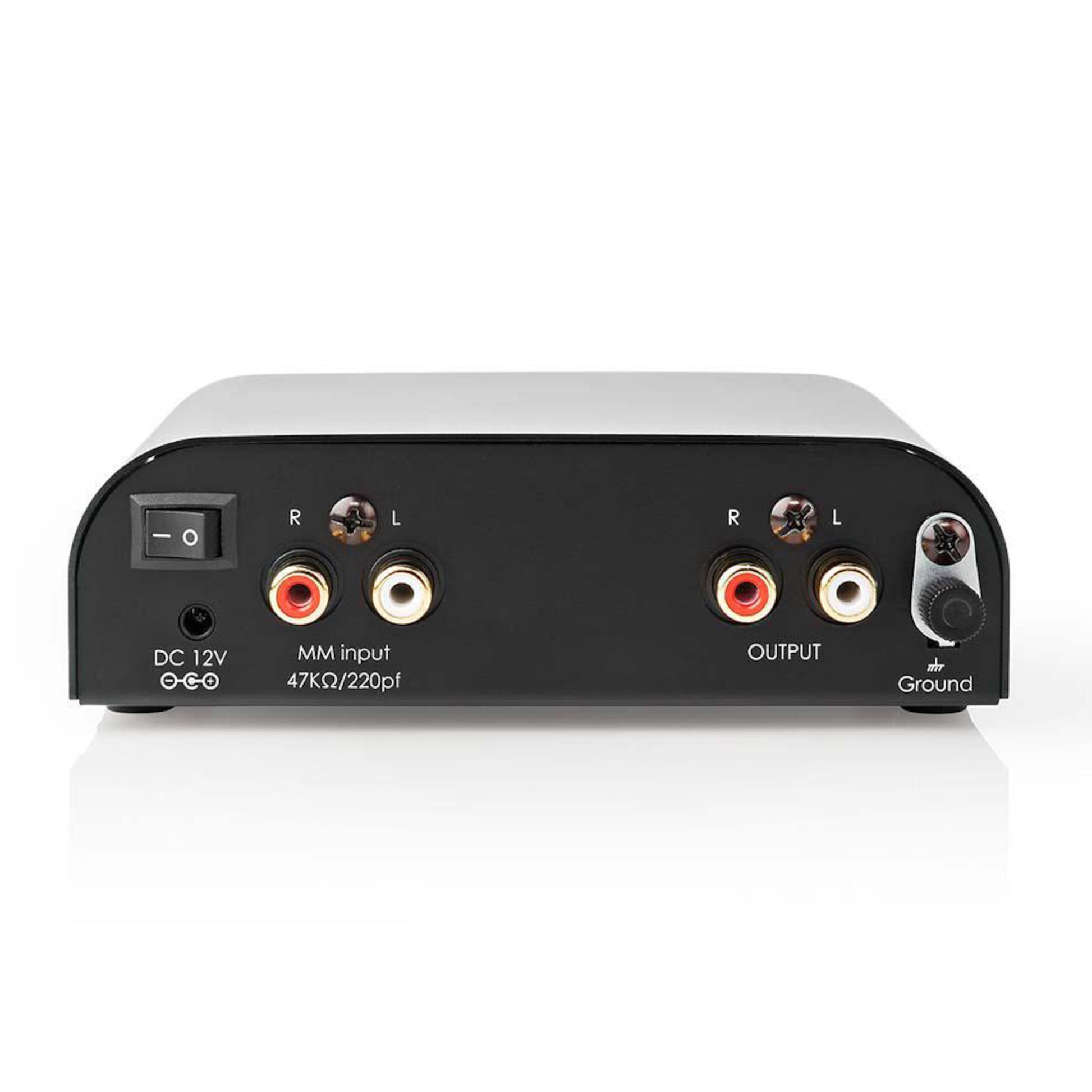 Nedis Riaa-forstærker sort med tænd/sluk-knap, DC 12V indgang, MM RCA L/R ind/udgange og jordskrueterminal.