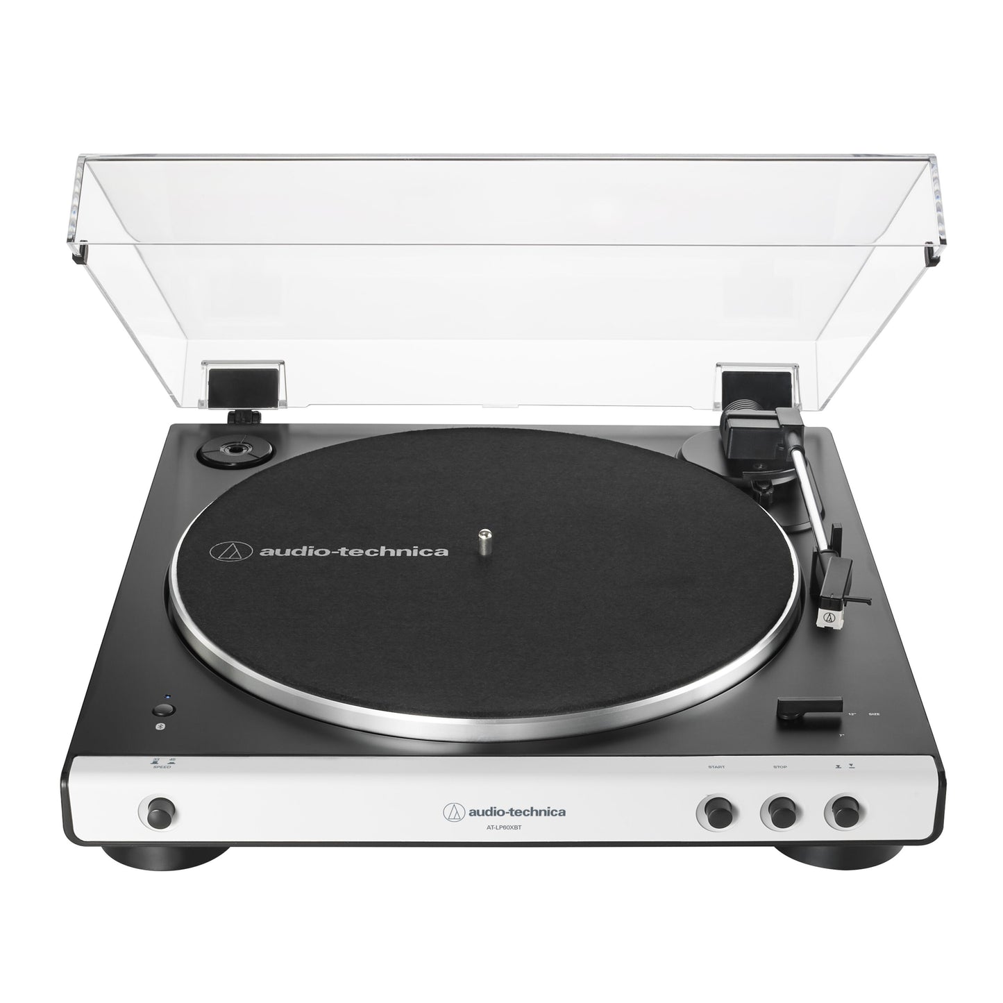Audio Technica AT-LP60XBTWH pladespiller sort/sølv, fuldautomatisk, åben støvlåg, højrevendt tonearm, frontknapper.