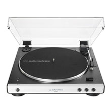 Audio Technica AT-LP60XBTWH pladespiller sort/sølv, fuldautomatisk, åben støvlåg, højrevendt tonearm, frontknapper.