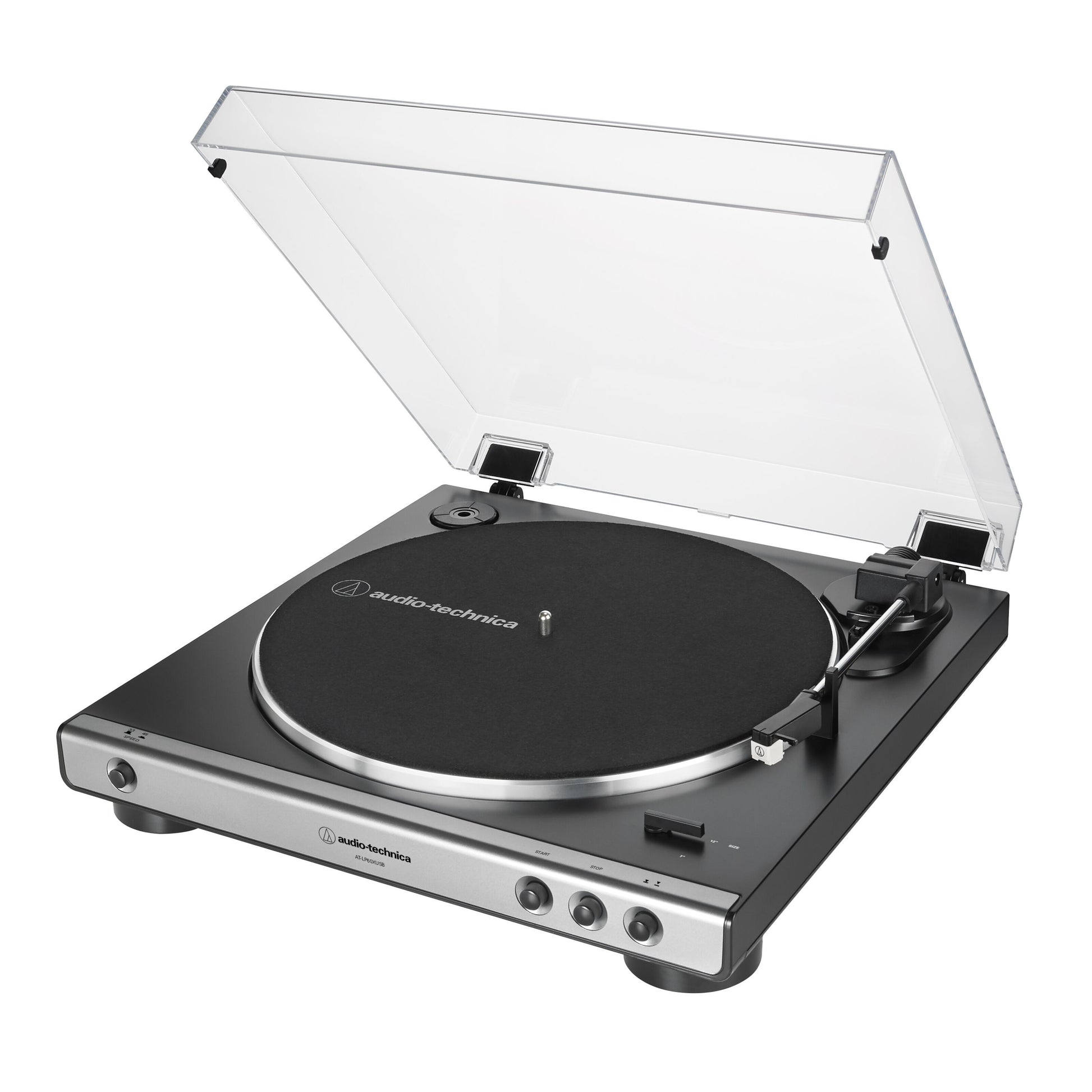 Audio Technica AT-LP60XUSB pladespiller med klar støvlåg, USB-port til digitalisering, sort design.
