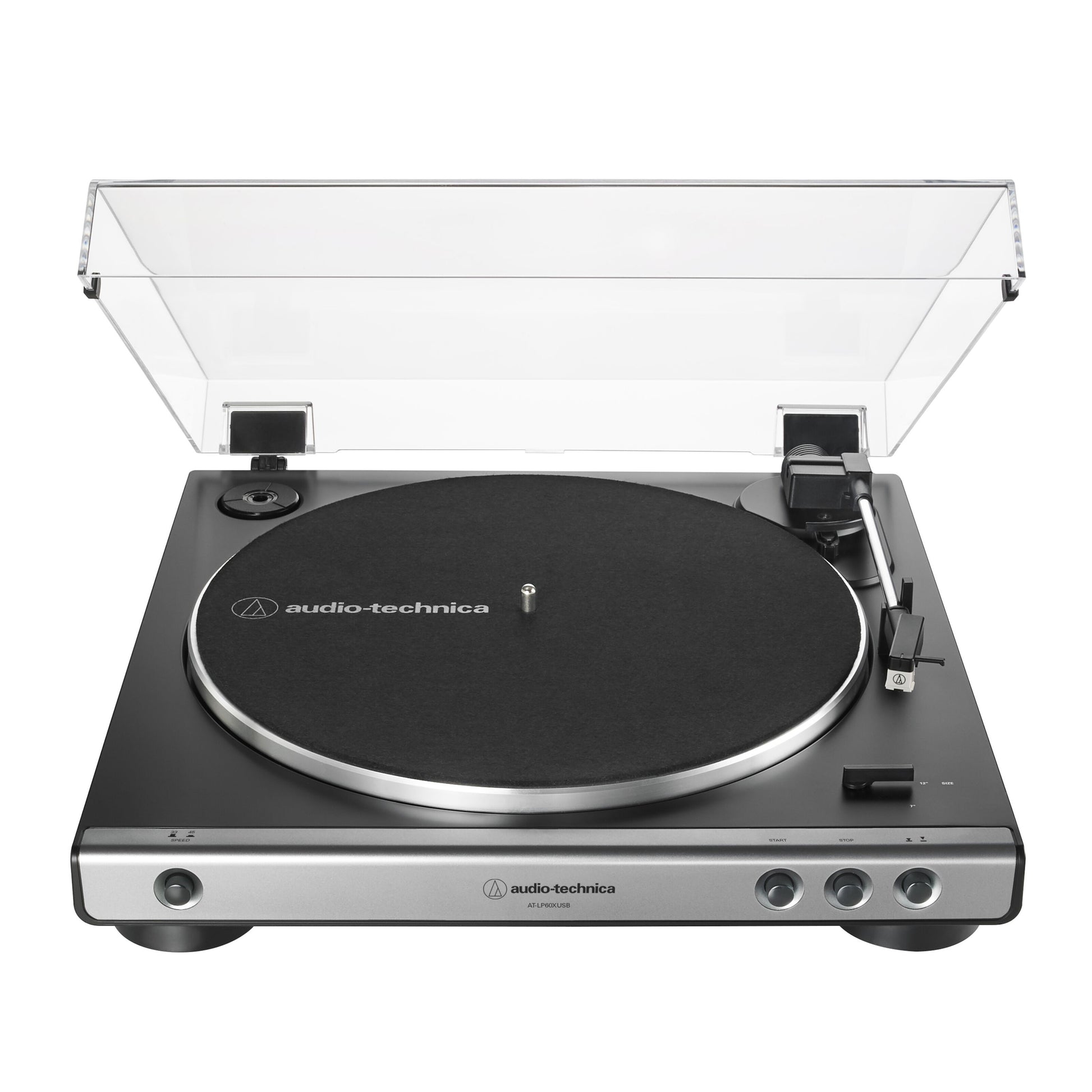 Audio Technica AT-LP60XUSB vinylafspiller sølv/sort med åben transparent støvlåg, synlig pladetallerken og kontrolknapper.