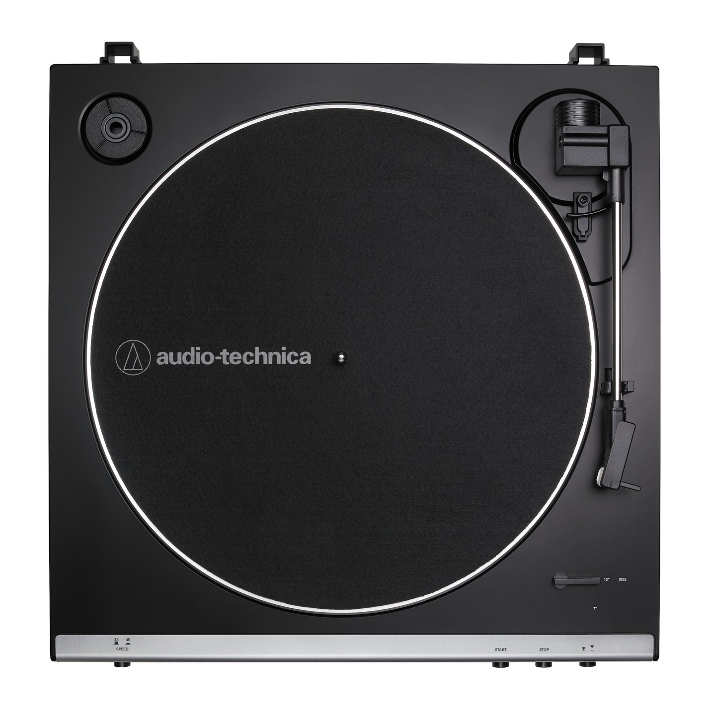 Audio Technica AT-LP60XUSB vinylafspiller, sort, rund pladetallerken, tonearm til højre, kontrolknapper nederst.