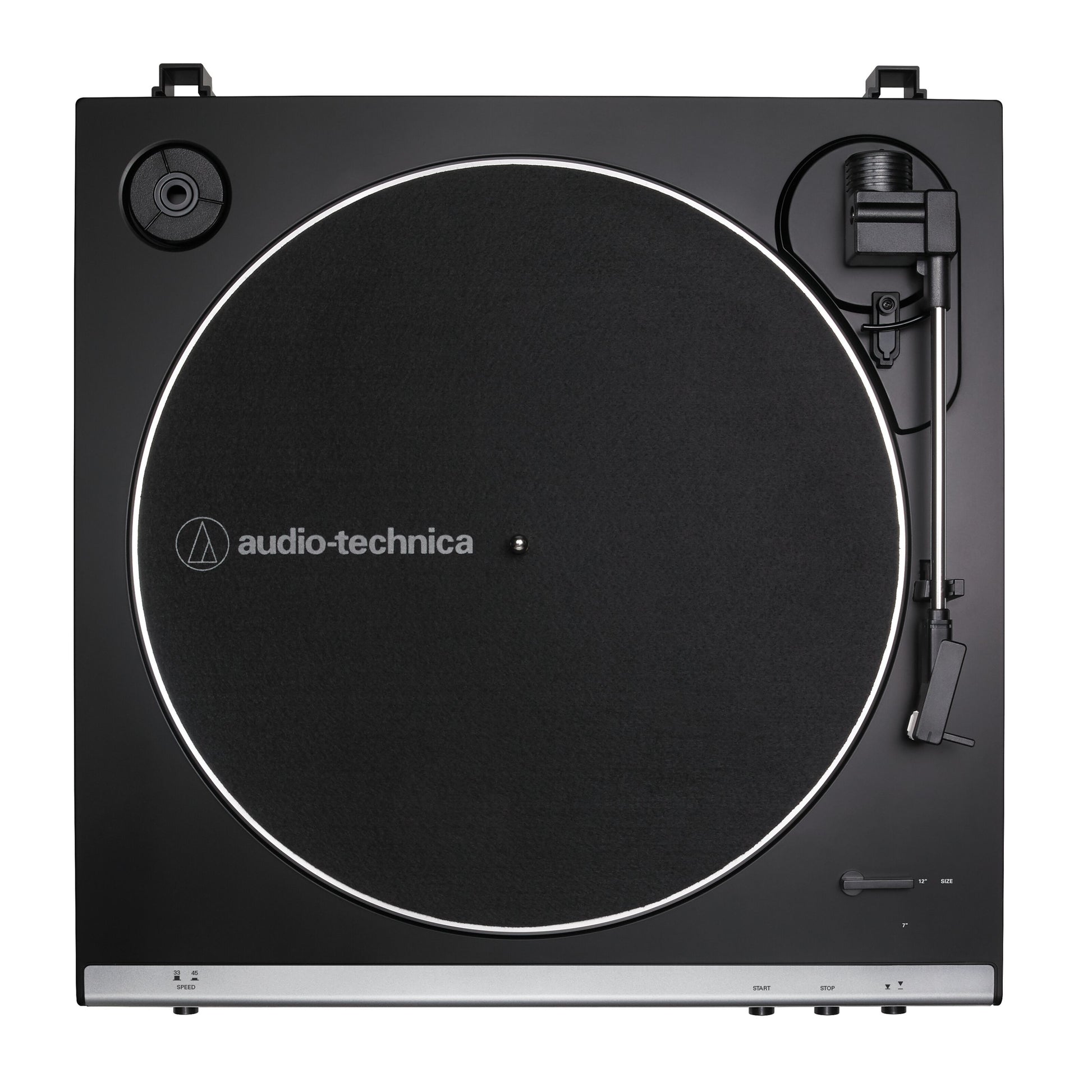 Audio Technica AT-LP60XUSB vinylafspiller, sort, rund pladetallerken, tonearm til højre, kontrolknapper nederst.