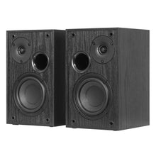 Nikabe S4 aktive højttalere sort træfinish, stor woofer, tweeter, front cirkulær port, to side om side.