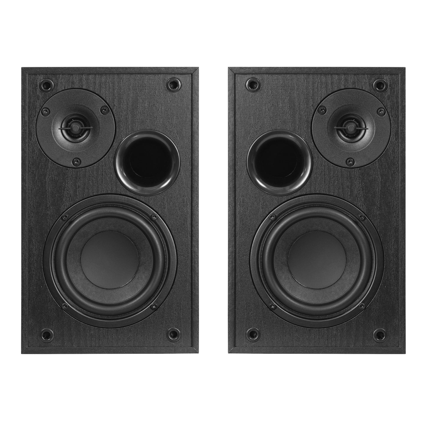 Nikabe S4 aktive højttalere sort, med rund woofer, lille tweeter og cirkulær basport på fronten.