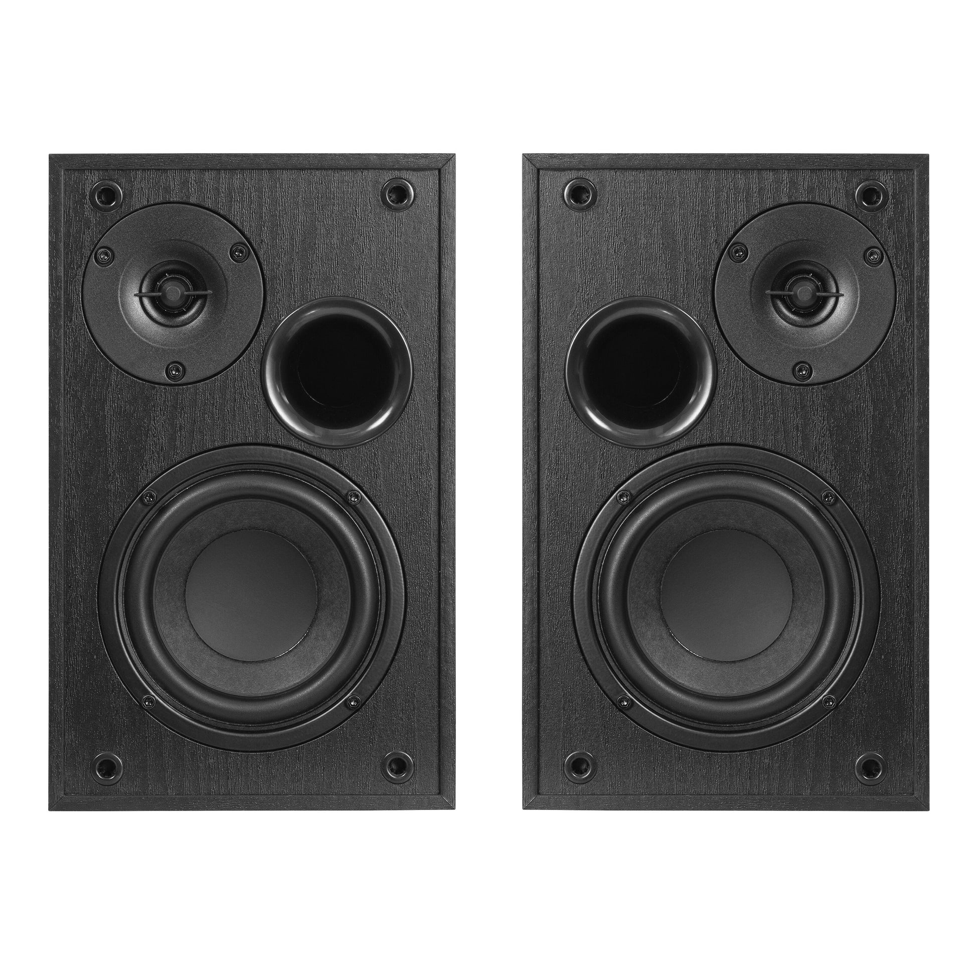 Nikabe S4 aktive højttalere sort, med rund woofer, lille tweeter og cirkulær basport på fronten.
