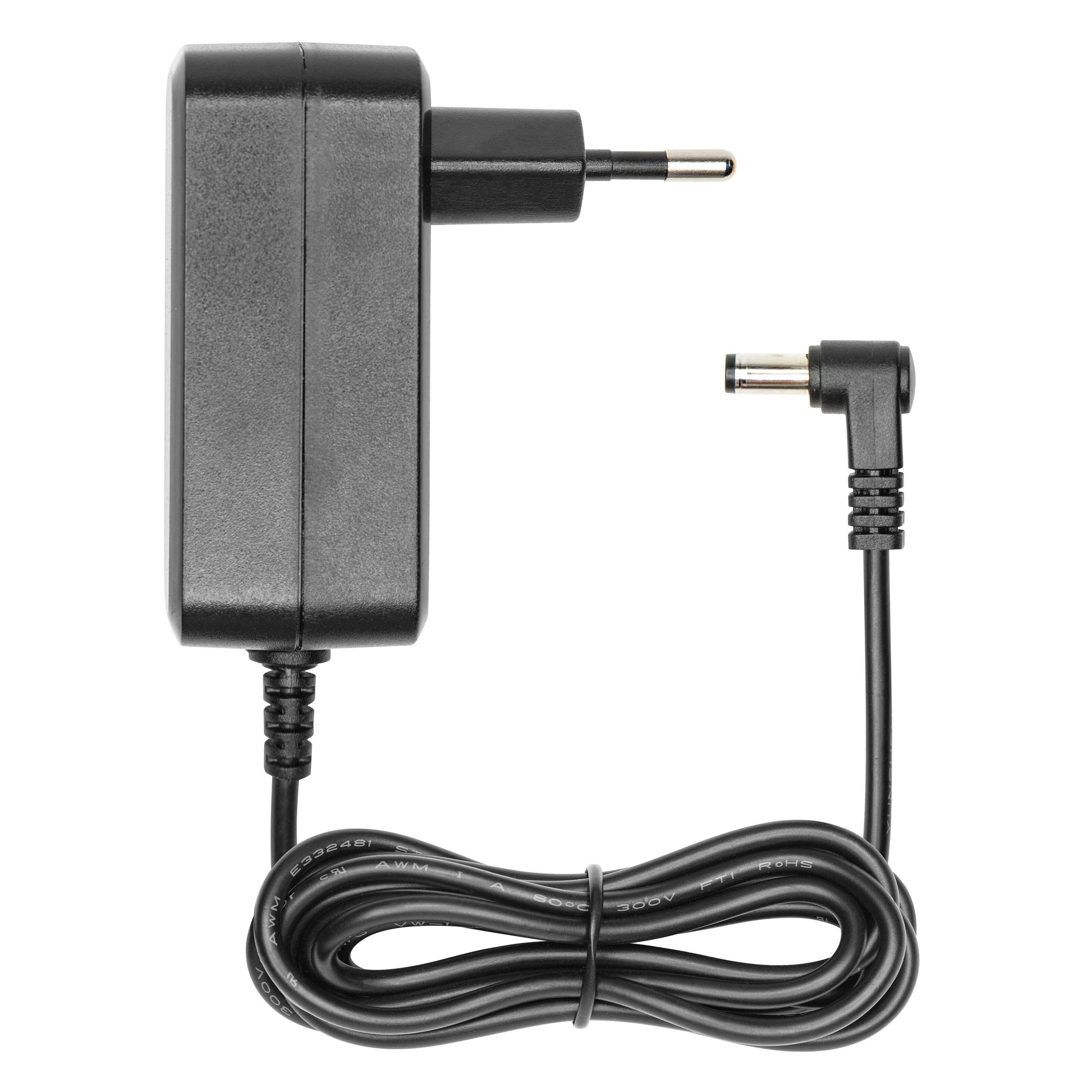 Nikabe S4 strømforsyning med europæisk 2-bens stik, spiralkabel og vinkelret barrel-stik til RCA-enheder.