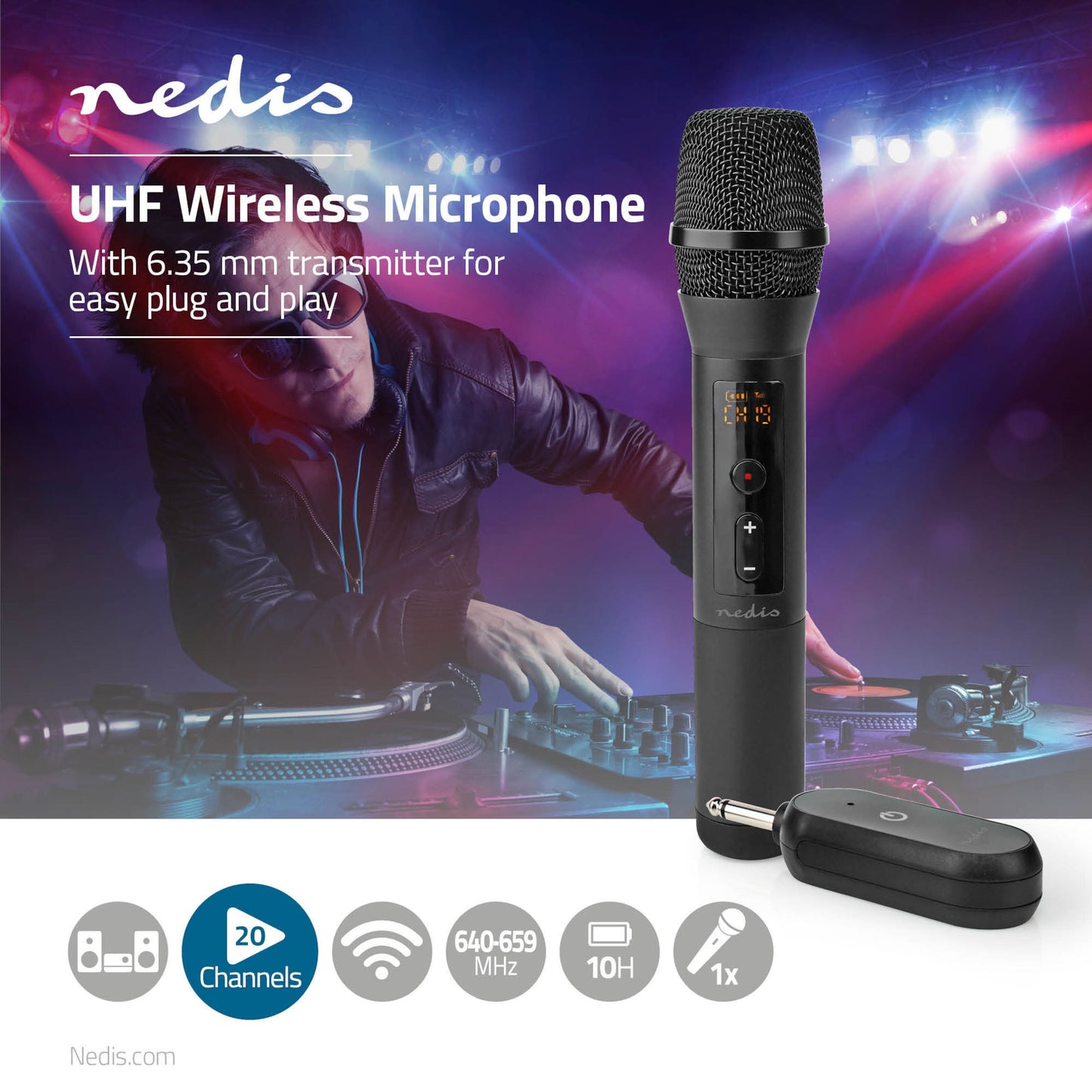 Nedis trådløst mikrofonsæt, sort, 20 kanaler, 10-timers batteri, 640-659 MHz, vist foran DJ i klubmiljø.