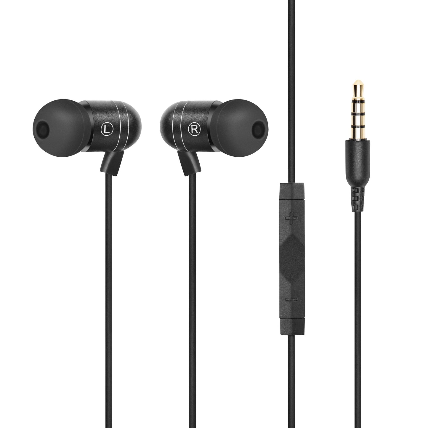 Linocell in-ear hovedtelefoner sort, ledning, L/R mærker, silikonepropper, inline lydstyrke, 3,5mm guldstik, mikrofon.