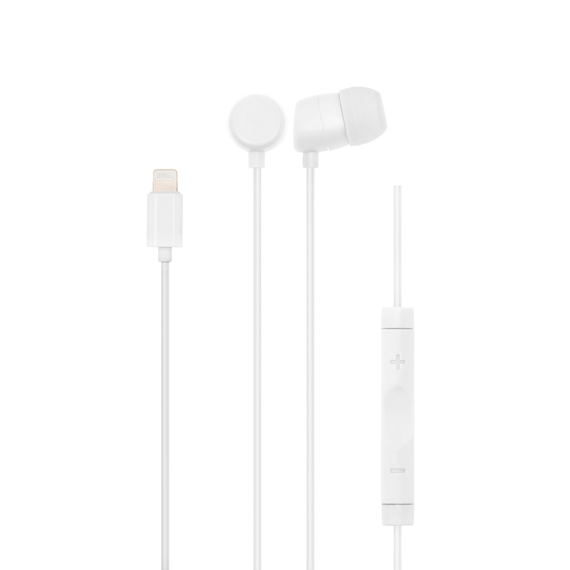 Linocell in-ear hovedtelefoner hvid med in-line fjernbetjening og Apple MFI-certificeret Lightning-stik til iPhone.