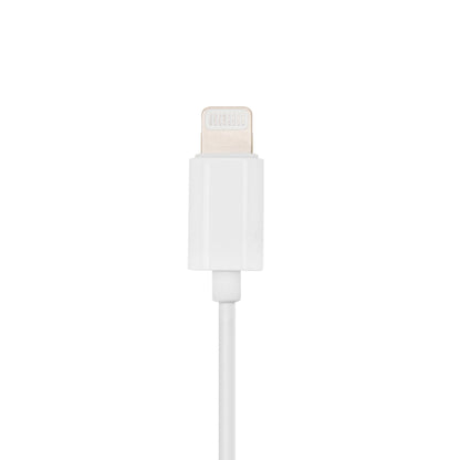 In-ear Lightning-hovedtelefoner hvid, Apple MFI-certificeret, vises lodret med kompatibelt Lightning-stik.