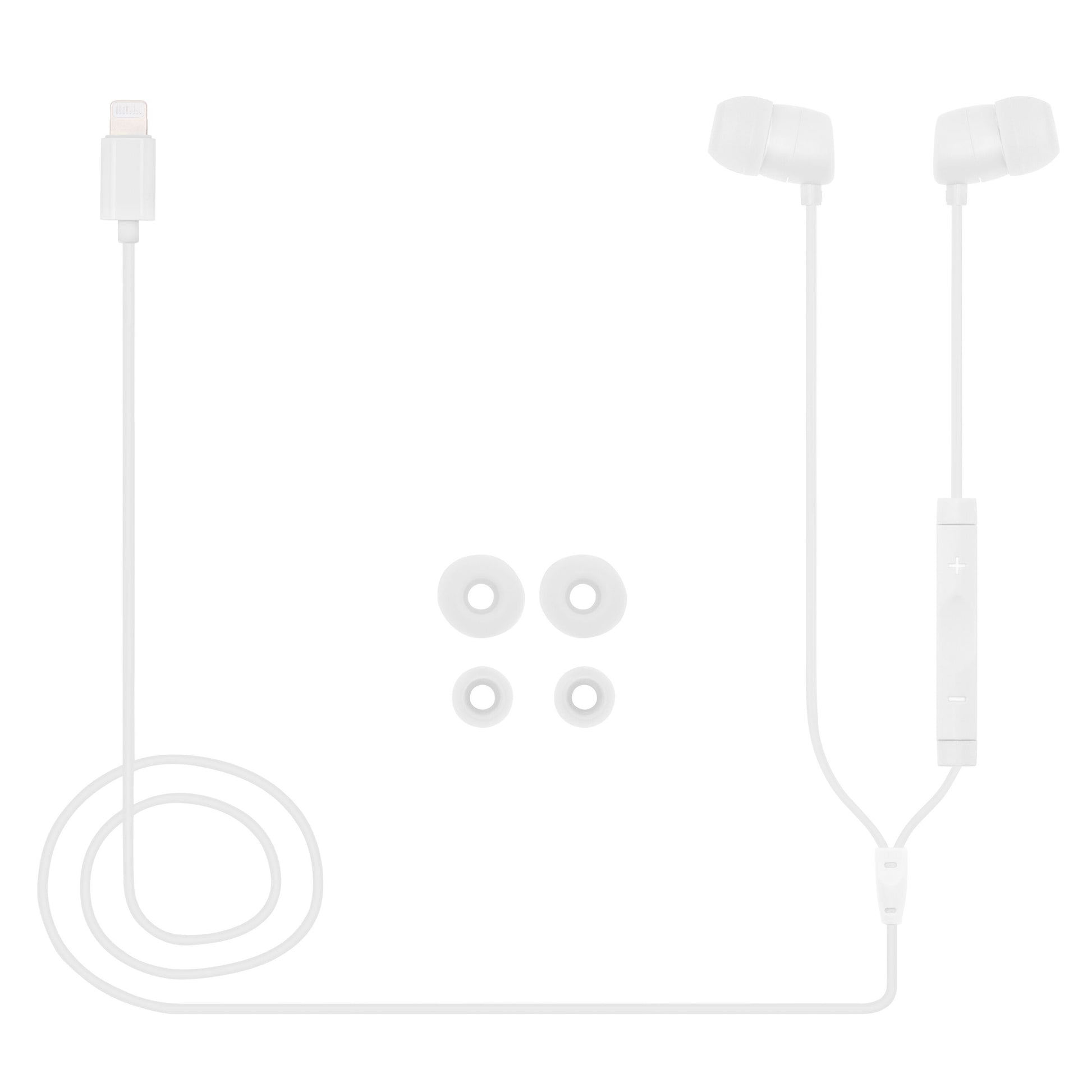 Linocell in-ear hovedtelefoner hvid, lightning-stik, in-line fjernbetjening og mikrofon, fire ekstra silikone-ørepropper.
