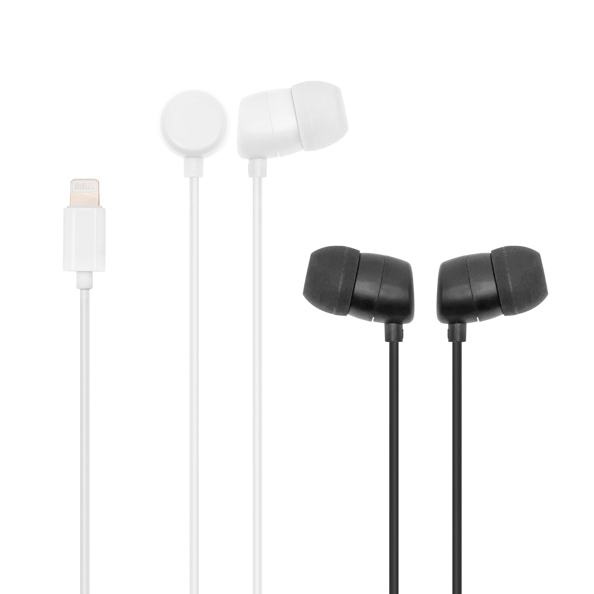 Linocell in-ear hovedtelefoner, hvid med Lightning-stik Apple MFI-certificeret og sort model, ørestykker vendt mod hinanden.