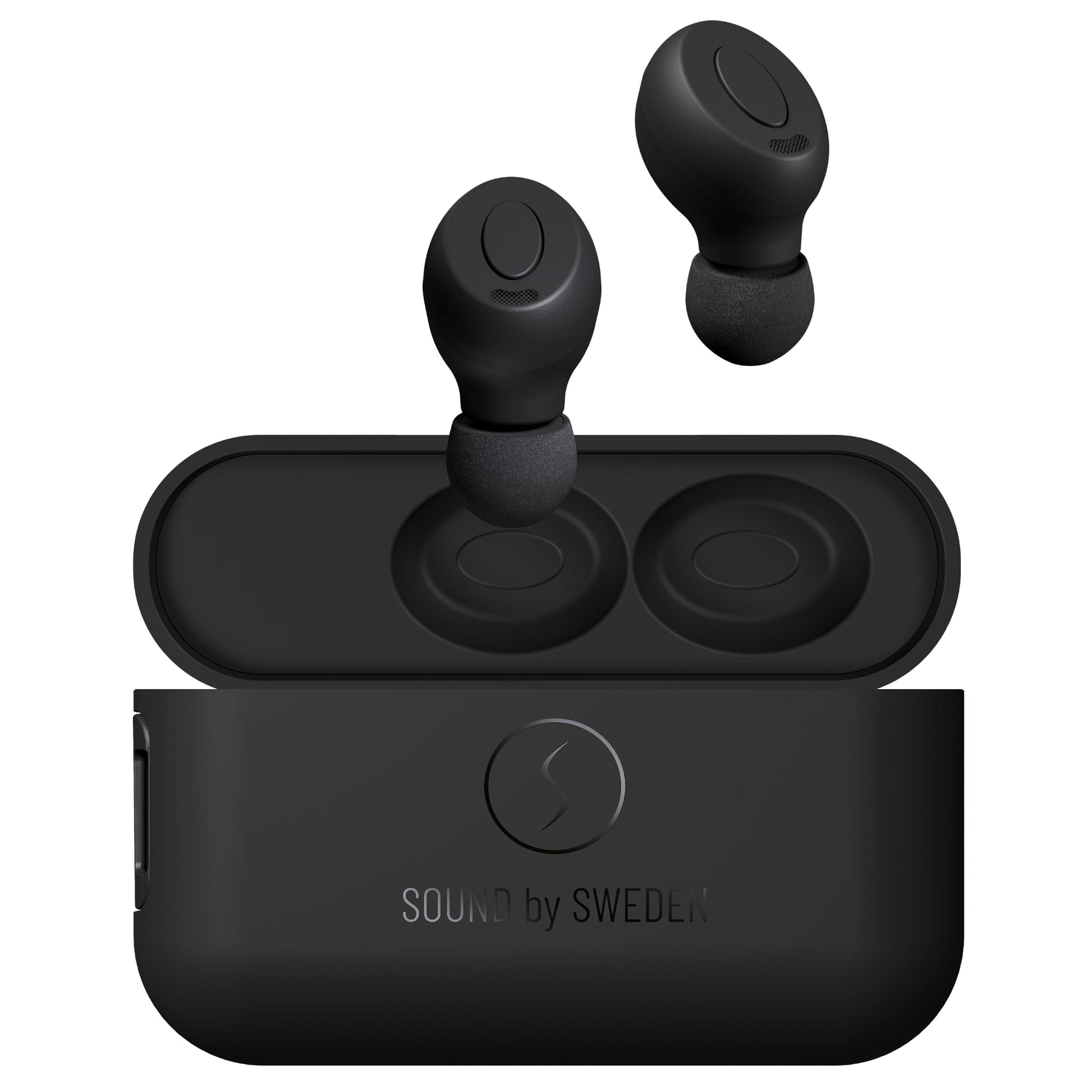 Supra Nero-TX Pro ANC Sort in-ear høretelefoner med silikonepropper, et sæt i sort ladeetui med SOUND by SWEDEN-logo.