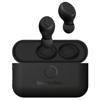 Supra Nero-TX Pro ANC Sort in-ear høretelefoner med silikonepropper, et sæt i sort ladeetui med SOUND by SWEDEN-logo.