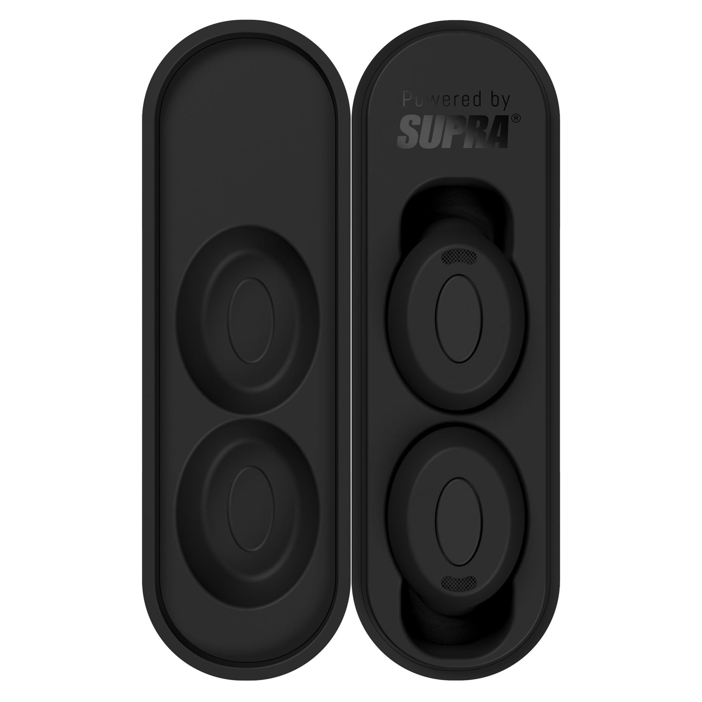 Supra Nero-TX Pro ANC Sort trådløse in-ear høretelefoner i sort opladeetui med Powered by SUPRA logo under låget.