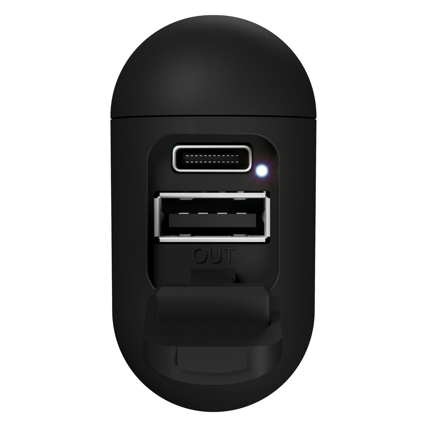 Supra Nero-TX Pro ANC sort trådløse in-ear høretelefoner, USB OUT port, lille port over og indikatorlys vises.