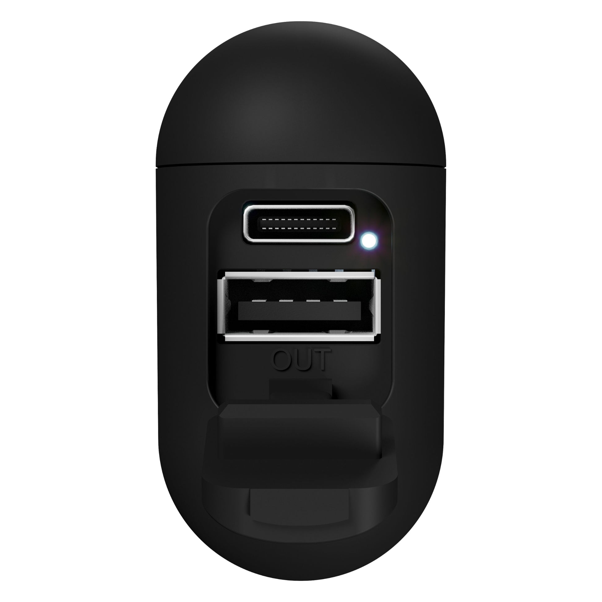 Supra Nero-TX Pro ANC sort trådløse in-ear høretelefoner, USB OUT port, lille port over og indikatorlys vises.