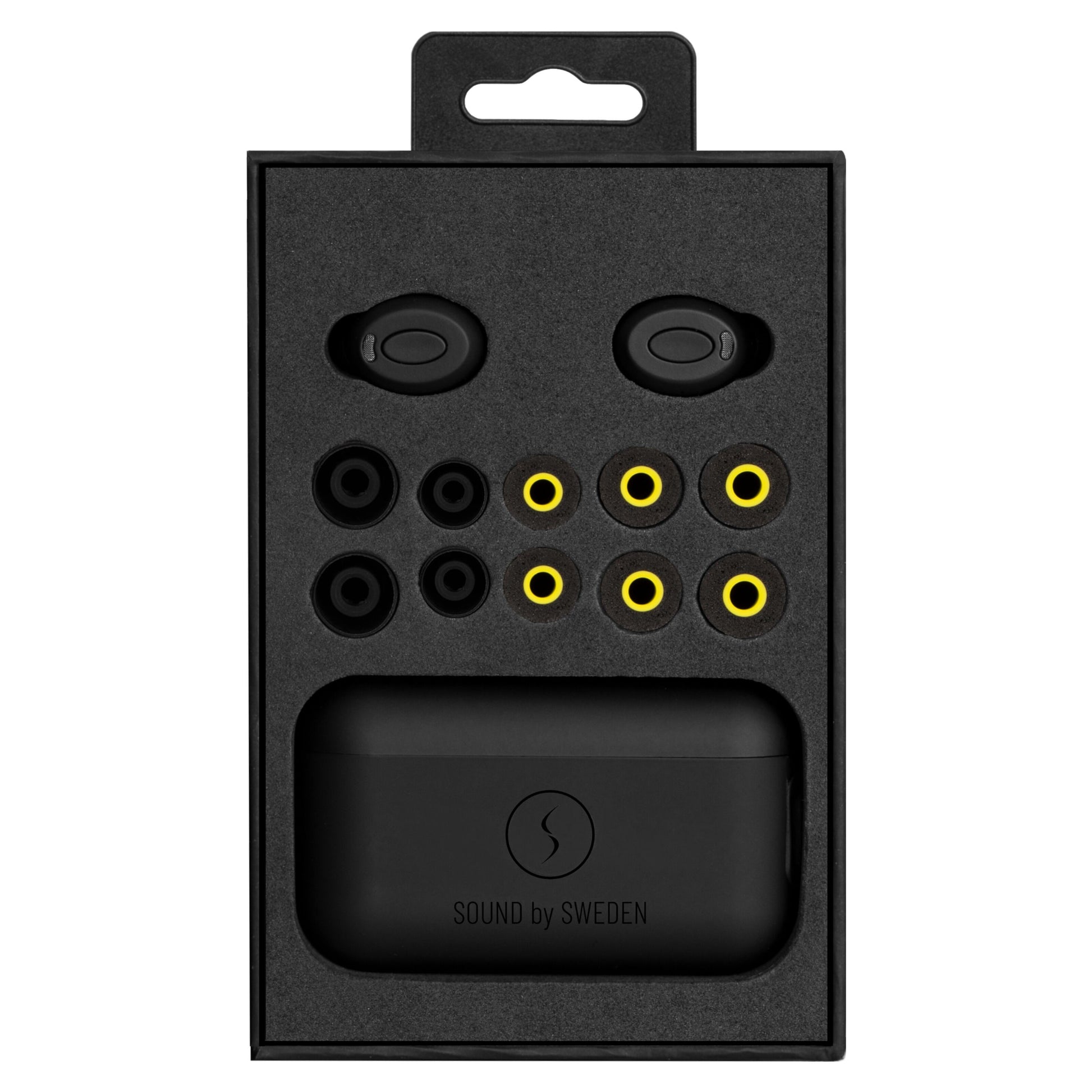 Supra Nero-TX Pro ANC sorte trådløse in-ear høretelefoner, sorte/gule ørepropper, sort ladeetui med Sound by Sweden.
