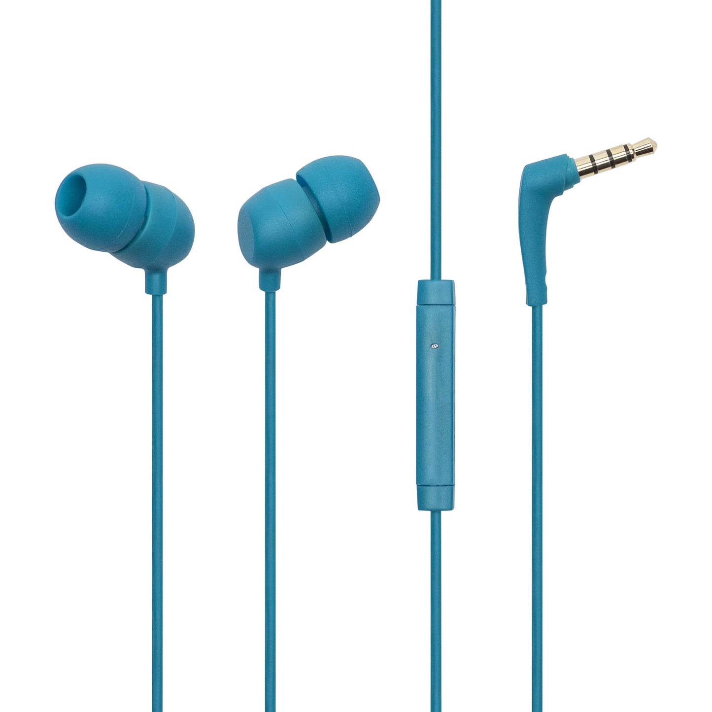 Linocell blå in-ear høretelefoner med silikone ørepropper, inline mikrofon og 3,5 mm stik.