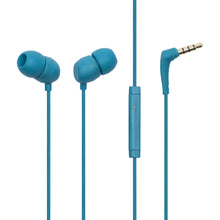 Linocell blå in-ear høretelefoner med silikone ørepropper, inline mikrofon og 3,5 mm stik.