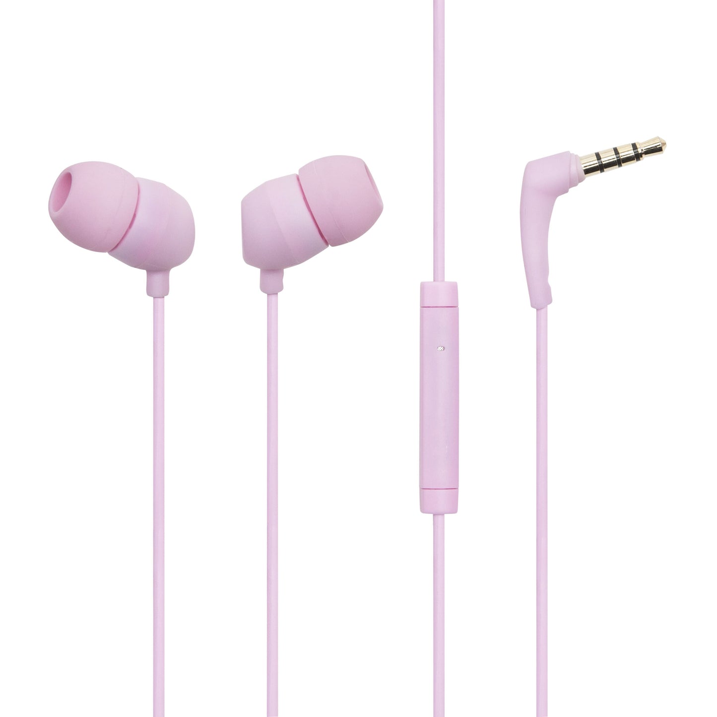 Linocell in-ear høretelefoner rosé med silikonepropper, inline fjernbetjening, mikrofon og vinkelret 3,5 mm jackstik.