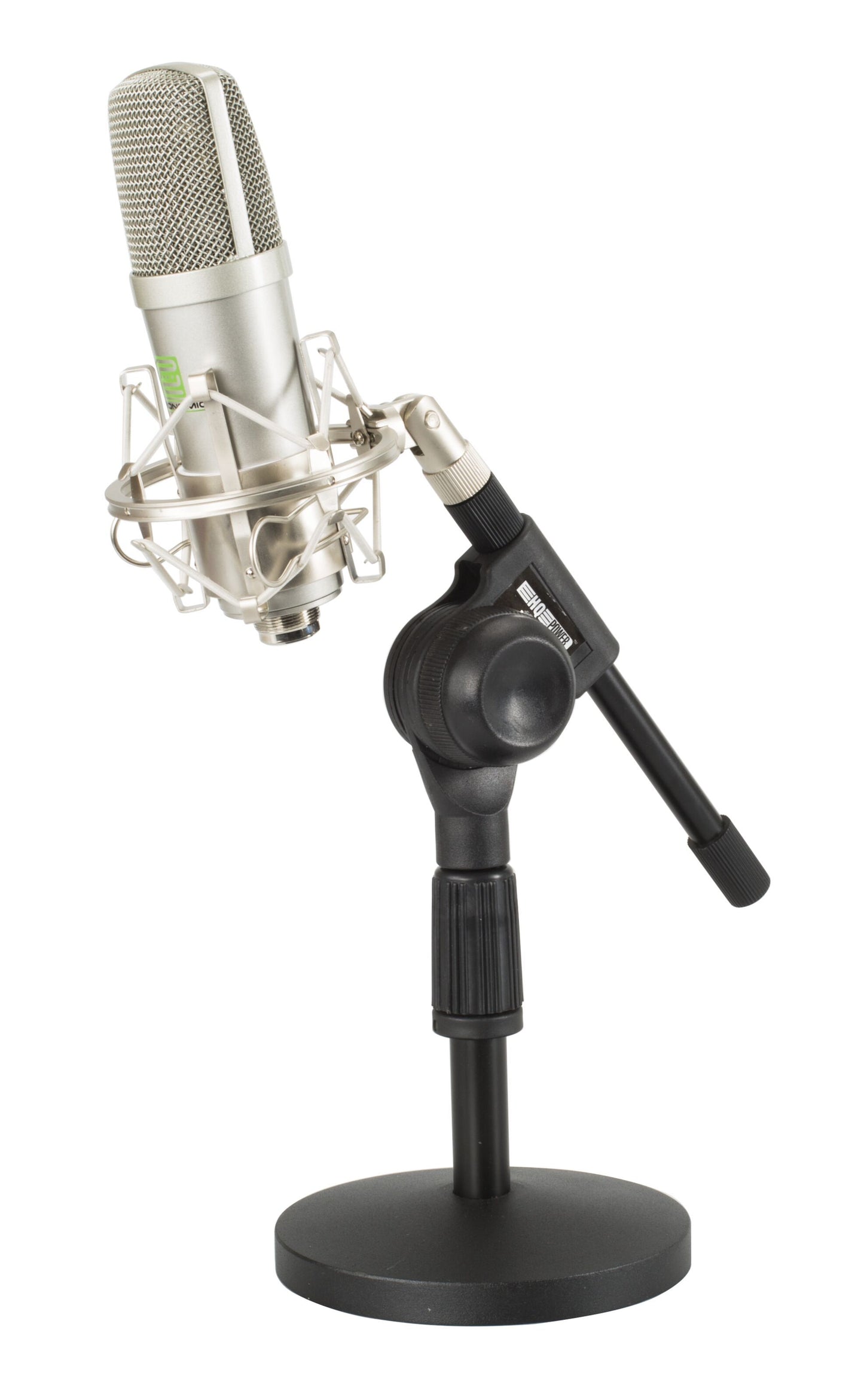 Sølv kondensatormikrofon med metal shock mount og sort justerbart bordstativ.