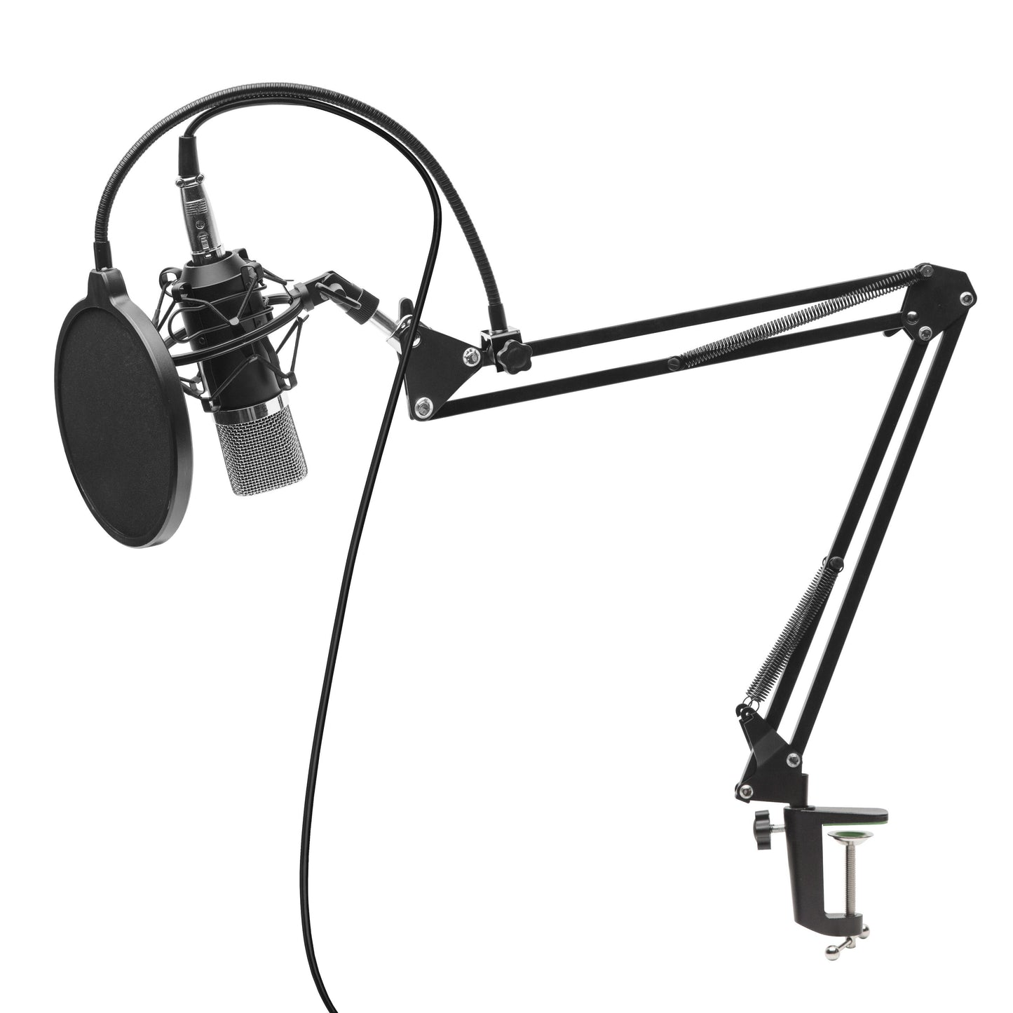 Nikabe M-2 mikrofonkit med popfilter, sort justerbar bomarm monteret på bord, kabel tilsluttet mikrofon.