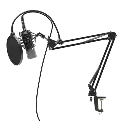 Nikabe M-2 mikrofonkit med popfilter, sort justerbar bomarm monteret på bord, kabel tilsluttet mikrofon.