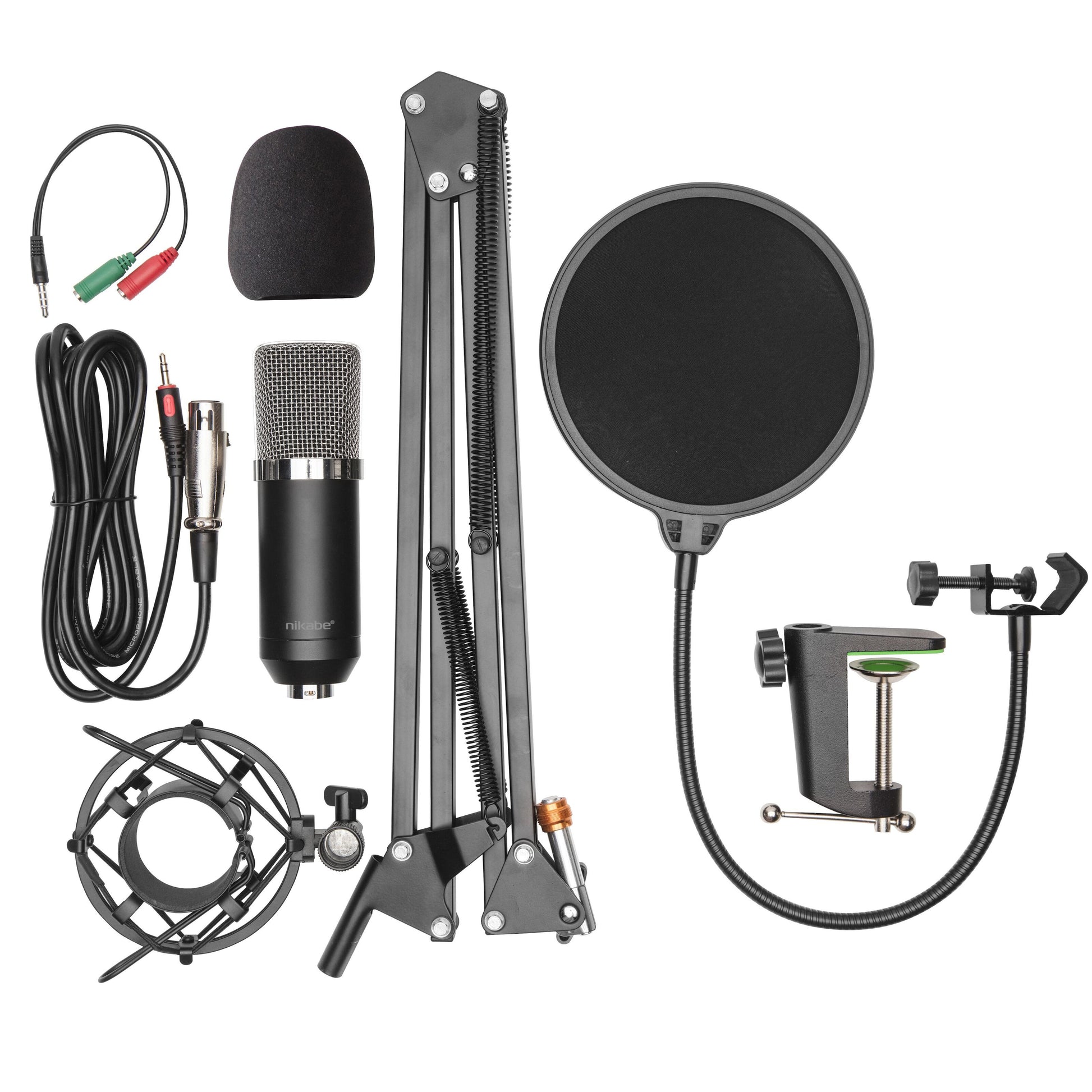 Nikabe M-2 mikrofonkit med kondensatormikrofon, armstativ, popfilter, shock mount, vindskærm, klemme og lydkabler.