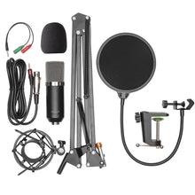 Nikabe M-2 mikrofonkit med kondensatormikrofon, armstativ, popfilter, shock mount, vindskærm, klemme og lydkabler.