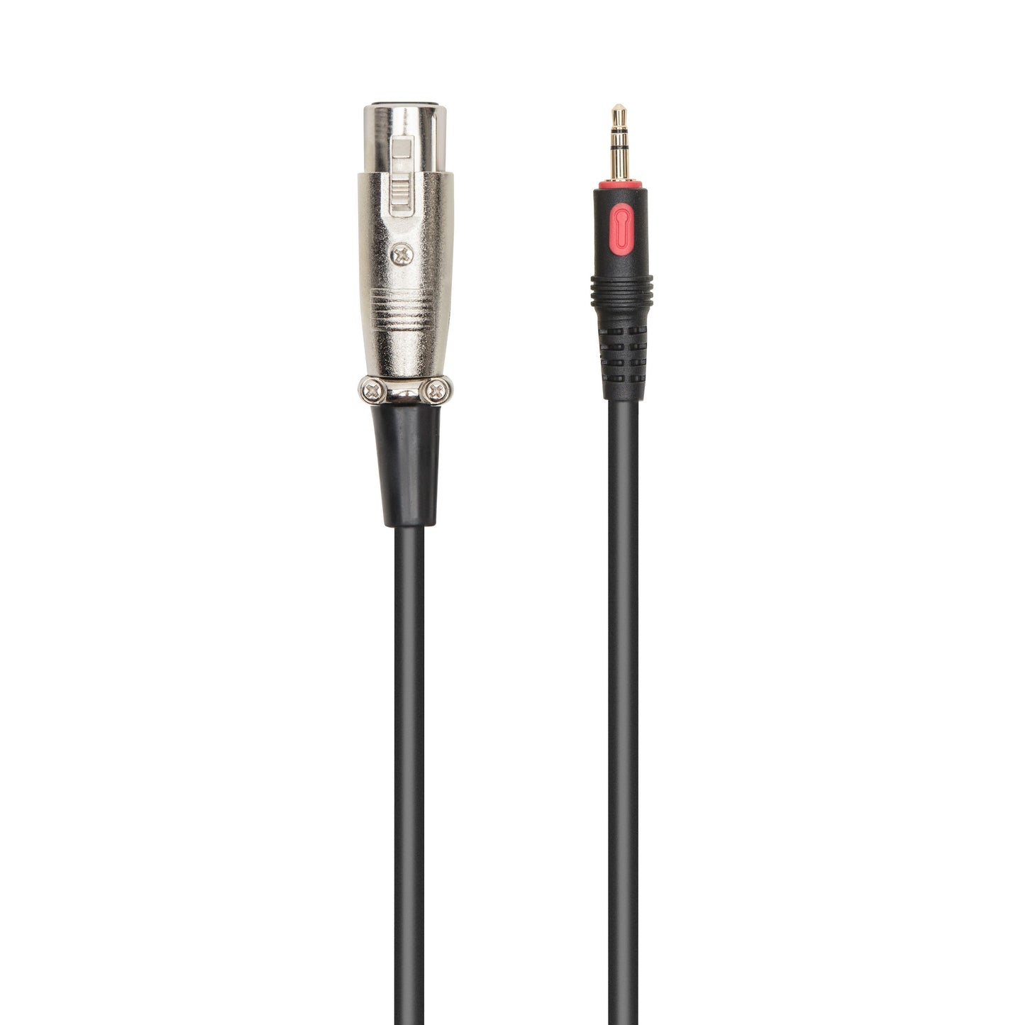 Nikabe M-2 Mikrofonkit adapterkabel, sort, sølv XLR hunstik og guldbelagt 3,5mm jack med rød detalje.