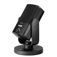 Røde NT-USB Mini USB-mikrofon sort på rund fod, opadvendt med synlig volumenkontrol og hovedtelefonstik foran.